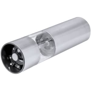 A silver electric salt and pepper mill with a transparent section to view the contents inside.