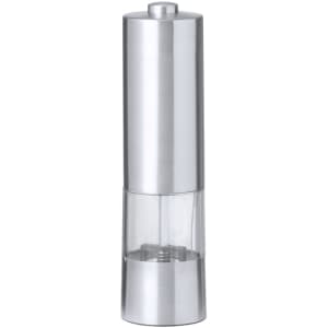 A sleek silver electric salt and pepper mill with a transparent lower section and a round top.