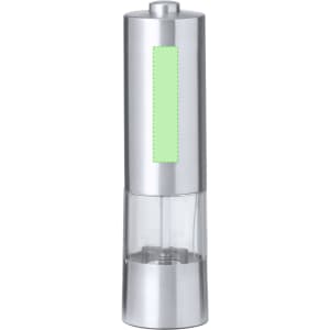 A silver electric salt and pepper mill with a transparent base and a blank area for branding or customisation.