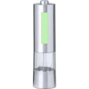 A silver electric salt and pepper mill with a clear base and a blank green label area.