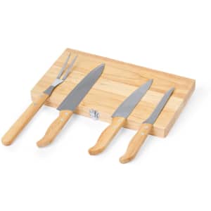 A cheese board with four knives featuring stainless steel blades and wooden handles. The board is a light natural wood.