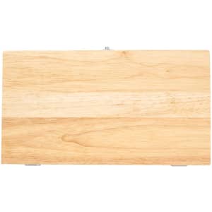 A wooden cheese board in a light natural finish, featuring a smooth surface and metal accents.