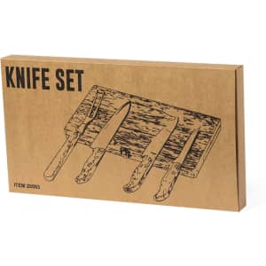 A knife set featuring four knives with wooden handles displayed on a rustic wooden block, packaged in a cardboard box.