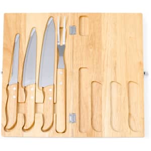 A wooden knife set featuring four stainless steel knives and a fork, housed in a bamboo storage case.