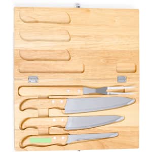 A wooden knife set in a storage case featuring four knives and a fork with silver blades and wooden handles.