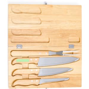 A wooden knife set featuring four stainless steel knives and a fork, housed in a natural wood case with a logo.