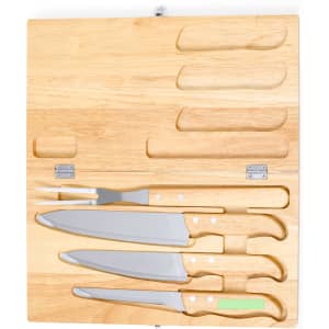 A knife set featuring four stainless steel knives with wooden handles, housed in a wooden display case.