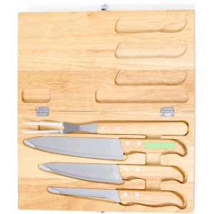 A wooden knife set with four stainless steel knives, featuring a green accent, housed in a wooden case.