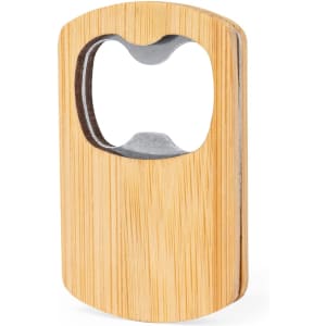 A drink bottle opener made of bamboo with a stainless steel opener, featuring a simple design and a logo.
