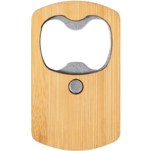 A drink bottle opener made from bamboo with a metallic opening mechanism, featuring a round button and a simple design.