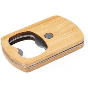 A drink bottle opener in a bamboo design with a metallic opening mechanism and a circular logo.