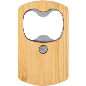 A drink bottle opener made of bamboo with a metal opening mechanism, featuring a circular logo on the front.