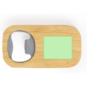A drink bottle opener in a bamboo finish, featuring a circular bottle opening and a space for a logo or branding.