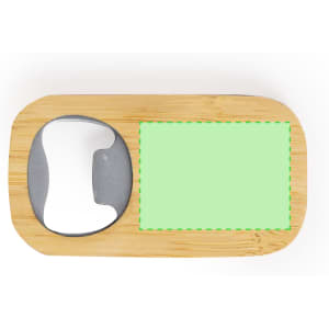 A drink bottle opener with a bamboo handle and a silver metal opening part, featuring a blank space for custom branding.