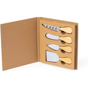 A cheese knife set featuring four stainless steel knives with wooden handles, displayed in a brown cardboard case.
