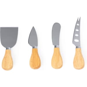 A cheese knife set featuring four stainless steel knives with wooden handles in a light colour.