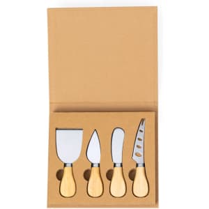 A cheese knife set featuring four stainless steel knives with wooden handles, presented in a cardboard case.