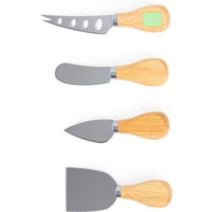 A cheese knife set featuring four stainless steel knives with wooden handles, arranged in a vertical layout.