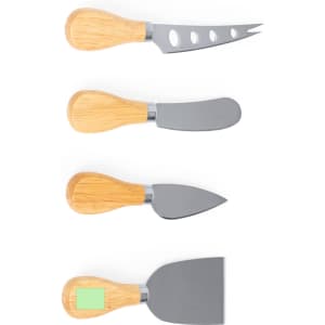 A set of four cheese knives with bamboo handles and stainless steel blades, arranged in a line.