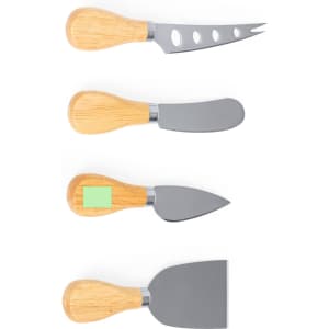 A cheese knife set featuring four stainless steel knives with wooden handles in a natural finish.