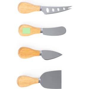 A cheese knife set featuring four stainless steel knives with bamboo handles. Each knife has a unique blade shape.