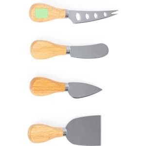A cheese knife set featuring four stainless steel knives with wooden handles. Includes various blade shapes for cutting.