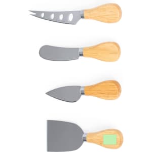 A cheese knife set featuring four knives with stainless steel blades and wooden handles.
