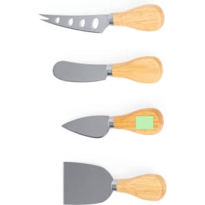 A cheese knife set with four stainless steel knives featuring wooden handles. Includes various blade shapes for different cheese types.