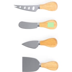 A cheese knife set featuring four stainless steel knives with bamboo handles. Includes various shapes for cheese cutting.