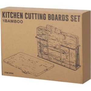 A bamboo cutting board set in a box, featuring two cutting boards with a retaining wire holder.