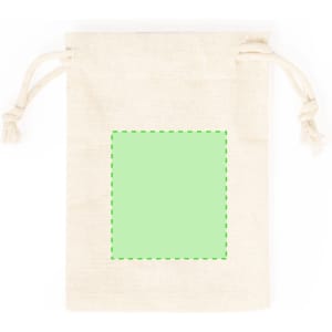 A natural fabric drawstring bag in cream colour with a green square outline in the centre.