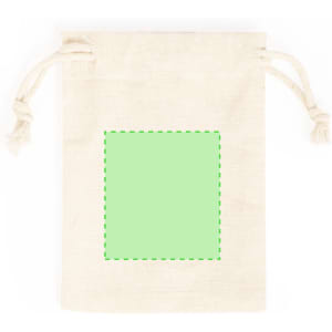 A beige drawstring bag featuring a blank green space for custom designs or logos.