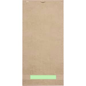 A beige hand towel featuring a green accent at the bottom and a logo.