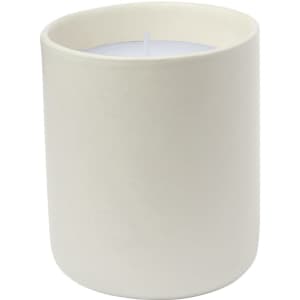 A cylindrical, white ceramic candle holder containing a white wax candle. Features a simple, elegant design.