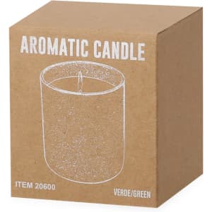 A green aromatic candle in a clear glass holder, packaged in a simple brown box with a sketch illustration.