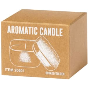 Aromatic candle in a golden tin, presented in a simple brown box. Features a logo on the packaging.