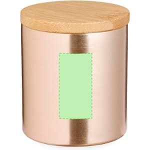 A rose gold candle jar with a bamboo lid, featuring a blank green label for customisation.