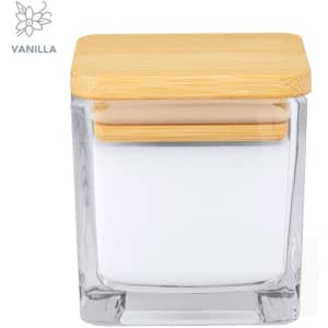 A glass candle jar with a bamboo lid, featuring a white wax interior and a minimalistic design.