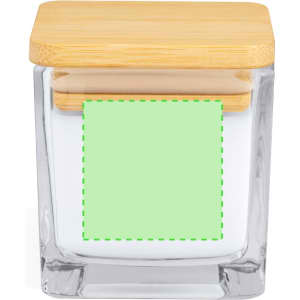 A glass candle with a wooden lid, featuring a blank label on the front, ideal for aromatherapy.
