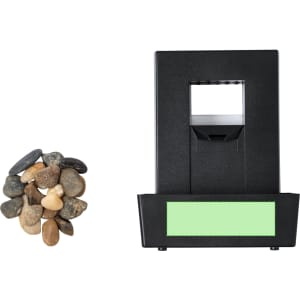 A black water fountain with a stone base, accompanied by a small pile of pebbles. It features a branding logo.