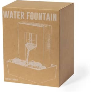 A brown cardboard box featuring an illustration of a water fountain design. It has a logo on the front.