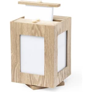 A wooden photo frame with a natural finish, featuring two transparent sides and a compartment for photos.