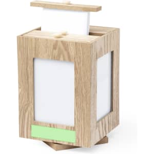 A wooden photo frame with a natural finish, featuring white openings for photos and a logo on the side.