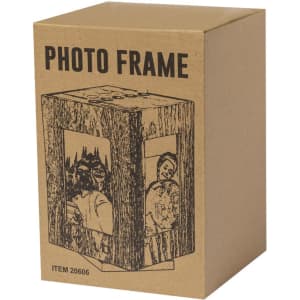 A brown cardboard box featuring a photo frame design, with illustrations on two sides and a logo.