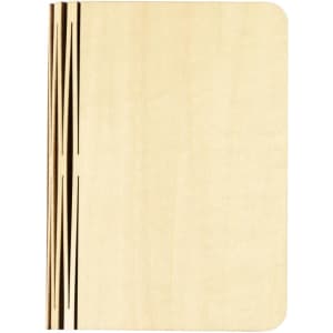 A wooden notebook with a smooth, light-coloured cover featuring thin, dark lines. Branding is present on the cover.