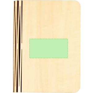 A wooden notebook with a light wood finish and decorative black lines. It features a blank green label area.