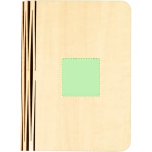 A wooden notebook with a light wood finish and a green square in the centre. It features decorative lines on the spine.