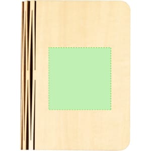 A wooden notebook featuring a natural finish with a green square space and decorative lines on the side.
