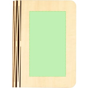 A wooden notebook with a light green cover and decorative black lines. It has a simple, minimalistic design.
