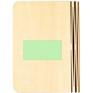 A wooden notebook with a smooth cover and decorative lines along the spine. It features a blank green label area.
